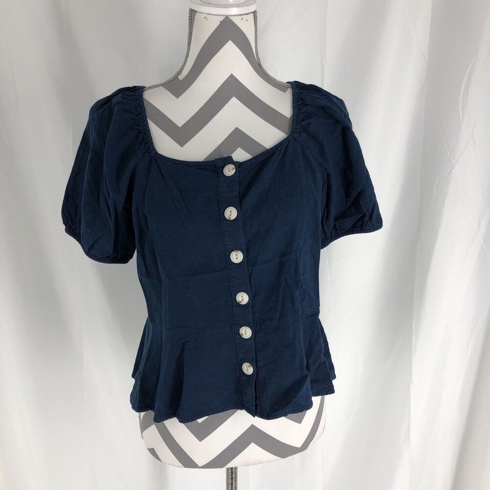 Universal Thread Small Blue Linen Blend Puff Sleeve Button Front Top Boho Blouse